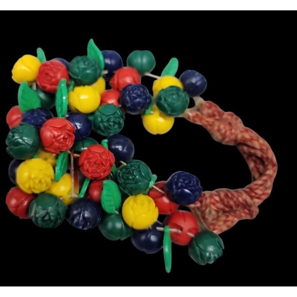 Carved Celluloid Flowers Bracelet Multistrand Colorful Bouquet Rope Bottom 8.5" - Picture 7 of 13